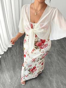 SHEIN Clasi Plus Size Women Square Collar Bow Chiffon Blouse Printed Fishtail Hem Dress Set Wedding Mother Of The Bride Formal Beige White Summer Elegant - Apricot - View 3