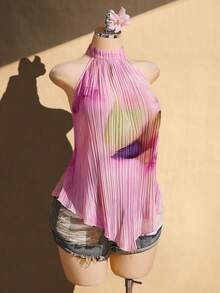 SHEIN ICON Blusa de cuello halter asimétrica con textura para mujer de talla grande - Rosa - Ver 5