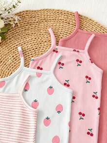 SHEIN 4件套女婴休闲舒适日常百搭吊带连体衣，适合夏季度假和外出穿着 - 彩色 - 查看 4