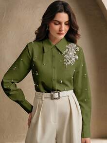 Anewsta Women's Elegant Rhinestone 3D Floral Blouse - Green - View 6