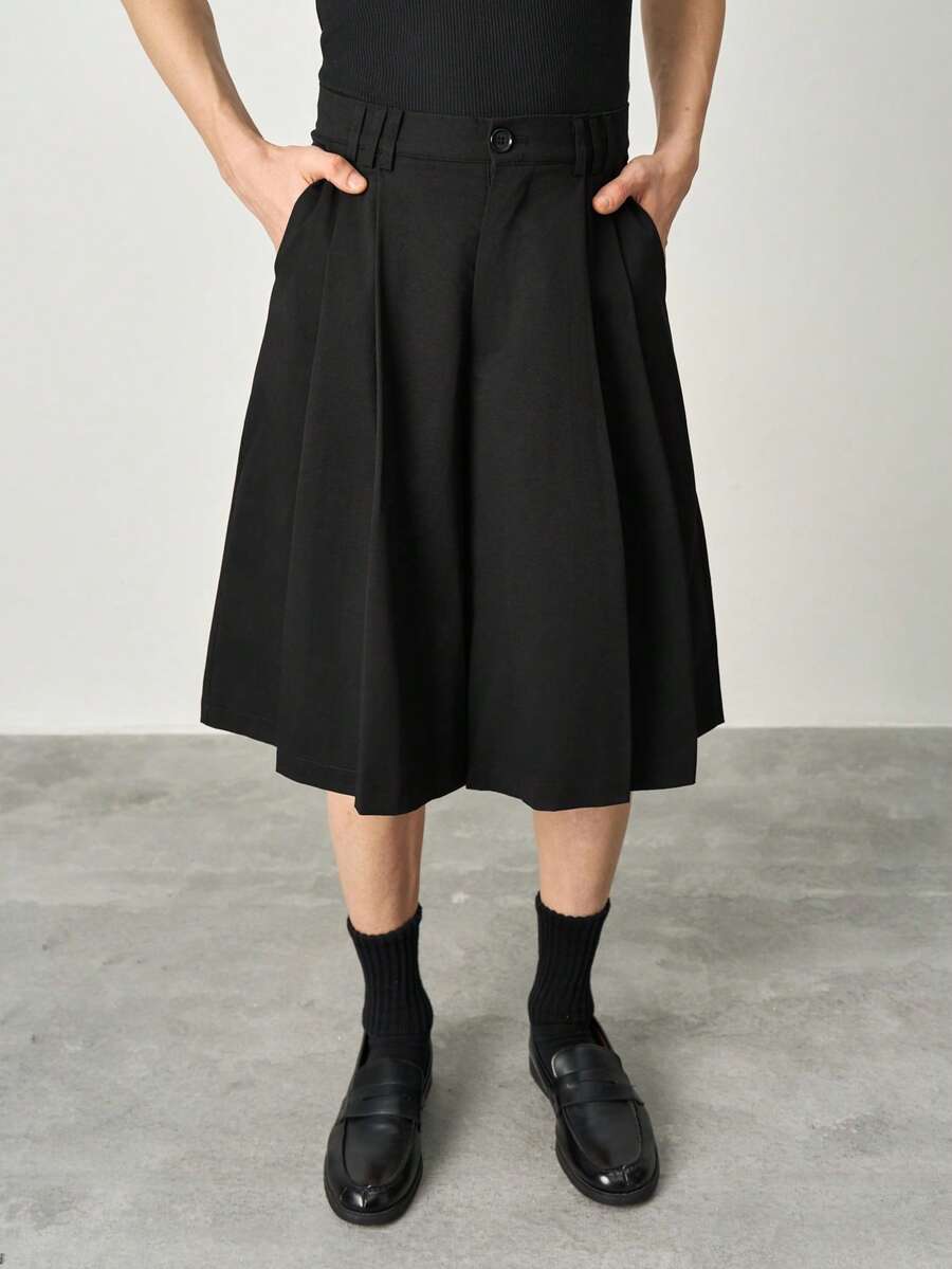 STYNVO Men's Solid Color Slant Pocket Pleated Loose Casual Shorts - Black - View 1