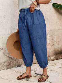 EMERY ROSE Mature Denim Plus Size Women Belted Pocket Design Tapered 3/4 Length Jeans - Medium Wash - View 5