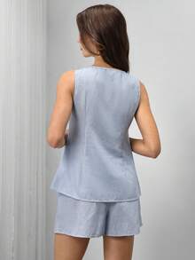 Momance 条纹系带吊带背心和短裤两件套，孕妇夏季款 - 藍色 - 查看 2