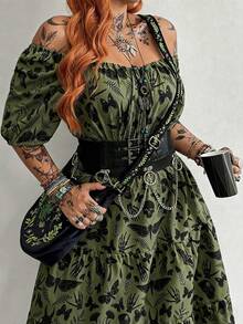 Whyspr Y2K Gothic Butterfly & Skull Print Plus Size Waist Cinched A-Line Ruffle Hem Short Sleeve Dress - Army Green - View 3