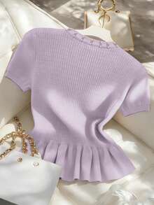 Franclia Women's Purple Elegant Daily Date Night Sommar Round Neck Fitted Short Sleeve Jeweled Pearl Button Single Breasted Ruffle Hem Knit Cardigan,Plus Size - Purple - View 2