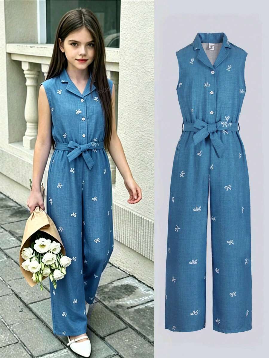 SHEIN 少女条纹短袖衬衫领休闲连体裤,宽松裤腿,适合春夏穿着 - 藍色 - 查看 1