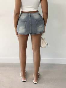 Alexandranx Váy mini denim bó sát có túi vá chéo dành cho nữ - Màu xanh lam - Xem 2