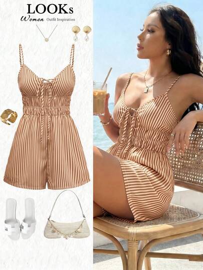 Qadelle Women's Striped Waist Strap Jumpsuit, Elegant French Style For Vacation, Casual, Beach, Commute