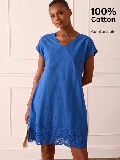 Lilora Women's Elegant Cotton Embroidered Short Dress, High-End Fashion Versatile Elegant Dress, Suitable For Commuting, Casual Outings, Gatherings, Dates, Parties, Leisure, Outings, Holidays, Vacations, Summer