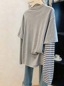Resyla 1 buah Kaos Wanita Kasual Longgar Leher Bulat - Grey - View 2