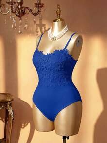 Rometta Plus Size Women Elegant Floral Lace Bodysuit - Blue - View 6