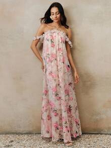 Anewsta Women's Elegant Spring/Summer Resort Dress, Flowy Off-Shoulder Lace Floral Patchwork Print Maxi Dress - Multicolor - View 8