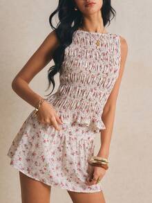 Poéselle Women's Floral Print Pleated Blouse And Mini Skirt Casual 2-Piece Set - White - View 4