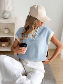 Easowa Women's Casual Commuter Everyday Contrast Color Knit Vest Block Henley Neck Pullover, Soft 2 In 1 Sweater For Women Summer Blue, Back-To-School - Blue - View 5
