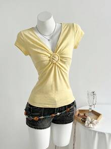 Elamini Women's Casual Commute Daily Solid V-Neck T-Shirt With Circle Detail - Yellow - View 6