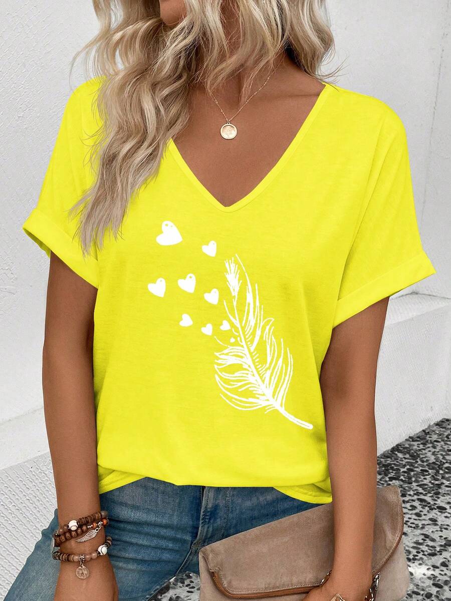 EMERY ROSE Damen V-Ausschnitt Kurzarm Manschetten Federn Muster Casual Vielseitiges T-Shirt, Frühling/Sommer - Gelb - Übersicht 1