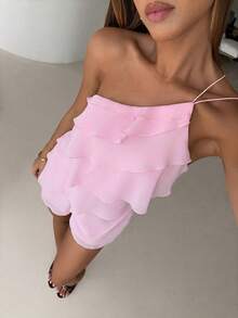 Aloruh Bộ áo liền quần xếp tầng bằng chiffon màu hồng lãng mạn cho buổi hẹn hò. - Hồng - Xem 1