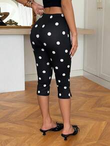 SHEIN EZwear Quần legging nữ dài đến khuỷu tay, họa tiết chấm bi trắng. - màu đen - Xem 2