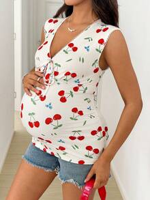 SHEIN Áo tank top không tay cổ chữ V thắt nơ phía trước, thích hợp cho bà bầu, đi nghỉ mát và đi làm, họa tiết hoa anh đào nhỏ li ti, mùa hè. - Nhiều màu - Xem 5