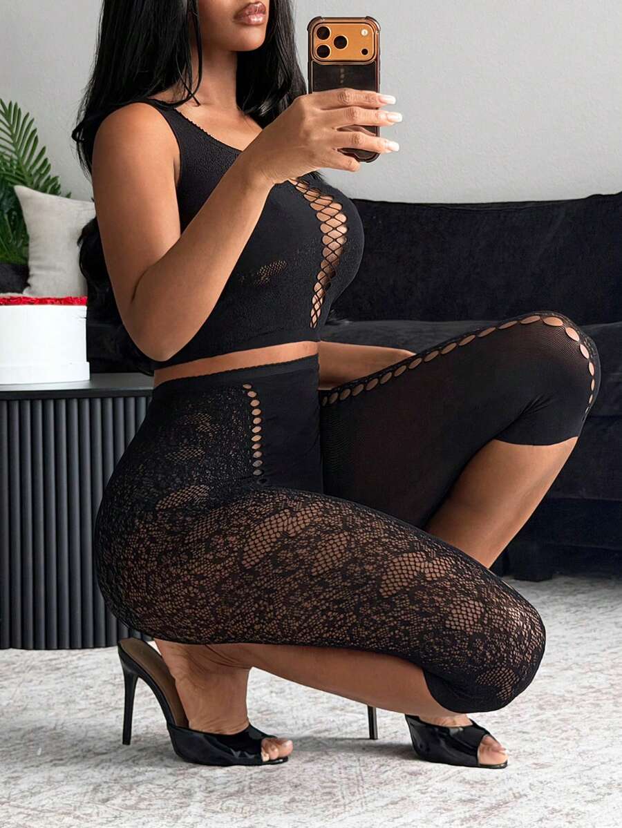 BamGleam Bộ đồ nữ gợi cảm gồm áo hai dây và quần legging màu trơn thiết kế khoét lỗ, chất liệu lưới. - màu đen - Xem 1
