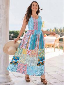 Rosumi Plus Size Women Patchwork Pattern Sleeveless Casual Dress Gym Brown Summer - Multicolor - View 1