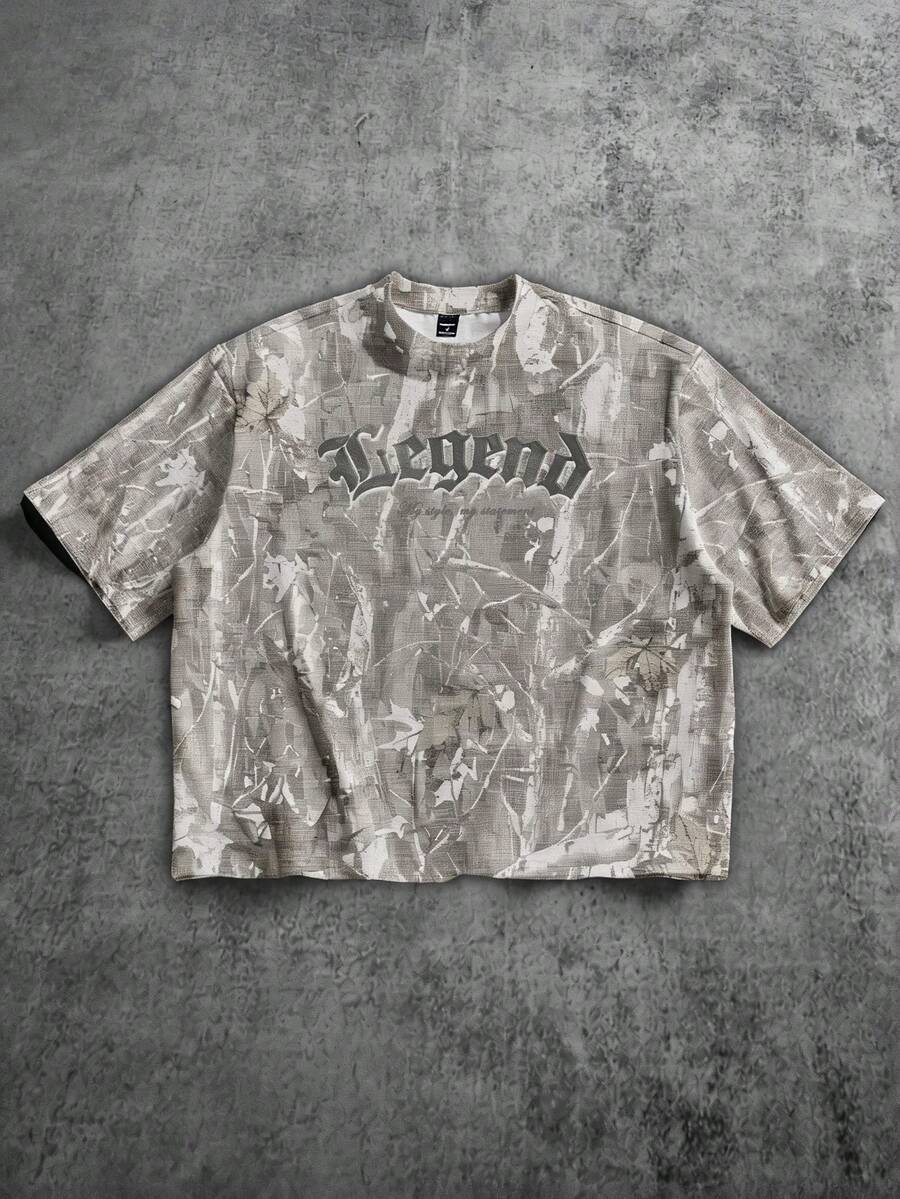 Manfinity ZONE917 Boxy Cropped Loose Distressed Gothic LEGEND Print Short Sleeve T-Shirt (High Quality) - Multicolor - View 1