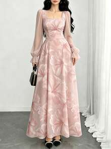 Vestido largo de mujer de cuello cuadrado con mangas farol y estampado floral de hibisco tipo ditsy, vestido maxi elegante con cintura ceñida y estampado floral en azul marino - Multicolor 6 - Ver 5