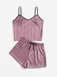 SilkySpell Women's Satin Striped Camisole Top And Bow-Tie Shorts Pajama Set - Brown - View 3