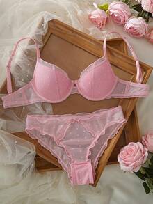 DAZY 2pcs Polka Dot Lace Patchwork Adjustable Spaghetti Strap Lightly Padded Bra And Sheer Panty Set - Baby Pink - View 1