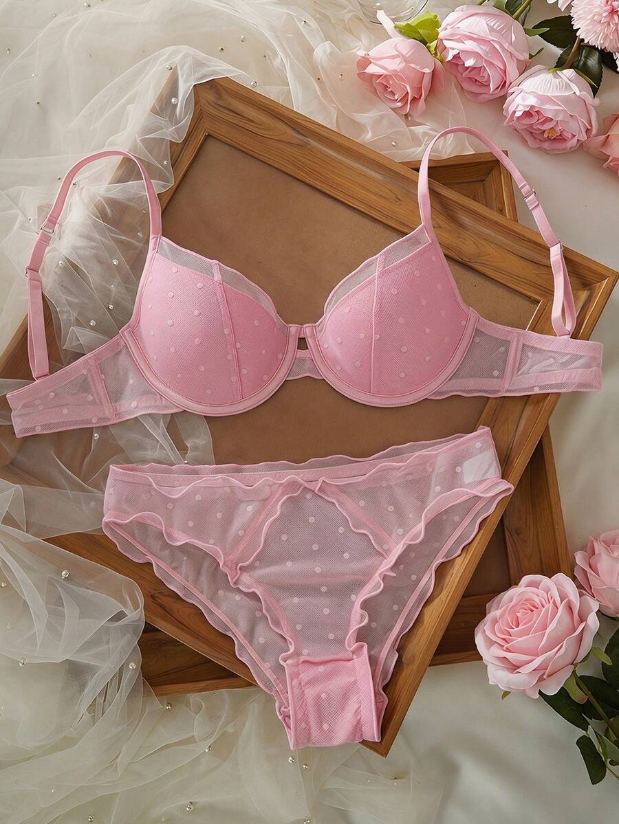 DAZY 2pcs Polka Dot Lace Patchwork Adjustable Spaghetti Strap Lightly Padded Bra And Sheer Panty Set - Baby Pink - View 1