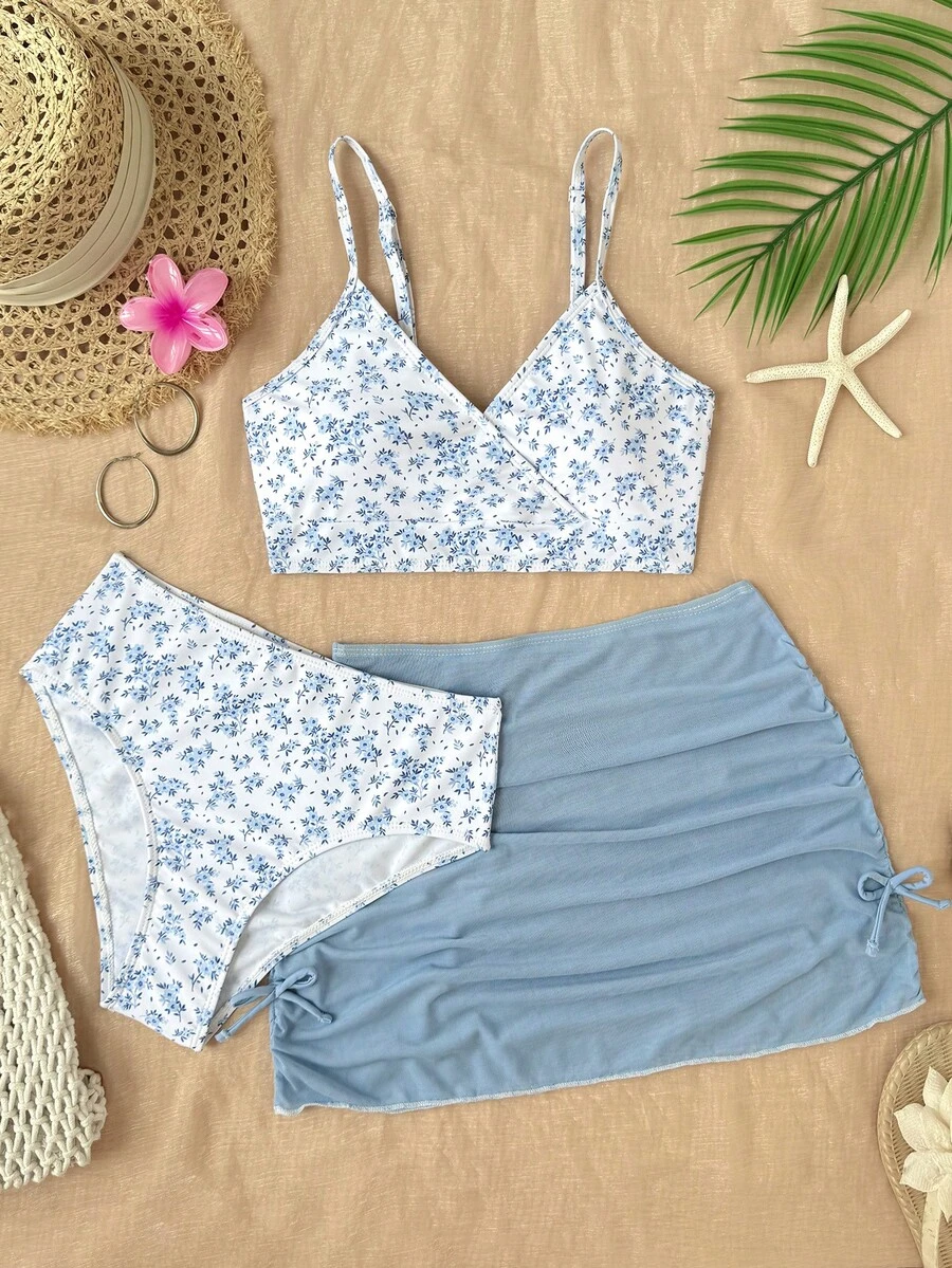 SHEIN Bộ bikini hai dây in họa tiết toàn thân dành cho thiếu nữ, gồm áo hai dây và quần tam giác, kèm váy ngắn, thích hợp cho kỳ nghỉ hè và đi biển. - Màu xanh lam - Xem 1
