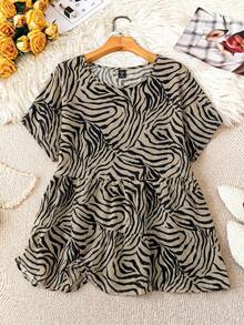SHEIN LUNE 大码女式斑马纹圆领休闲百搭日常衬衫 - 彩色 - 查看 1