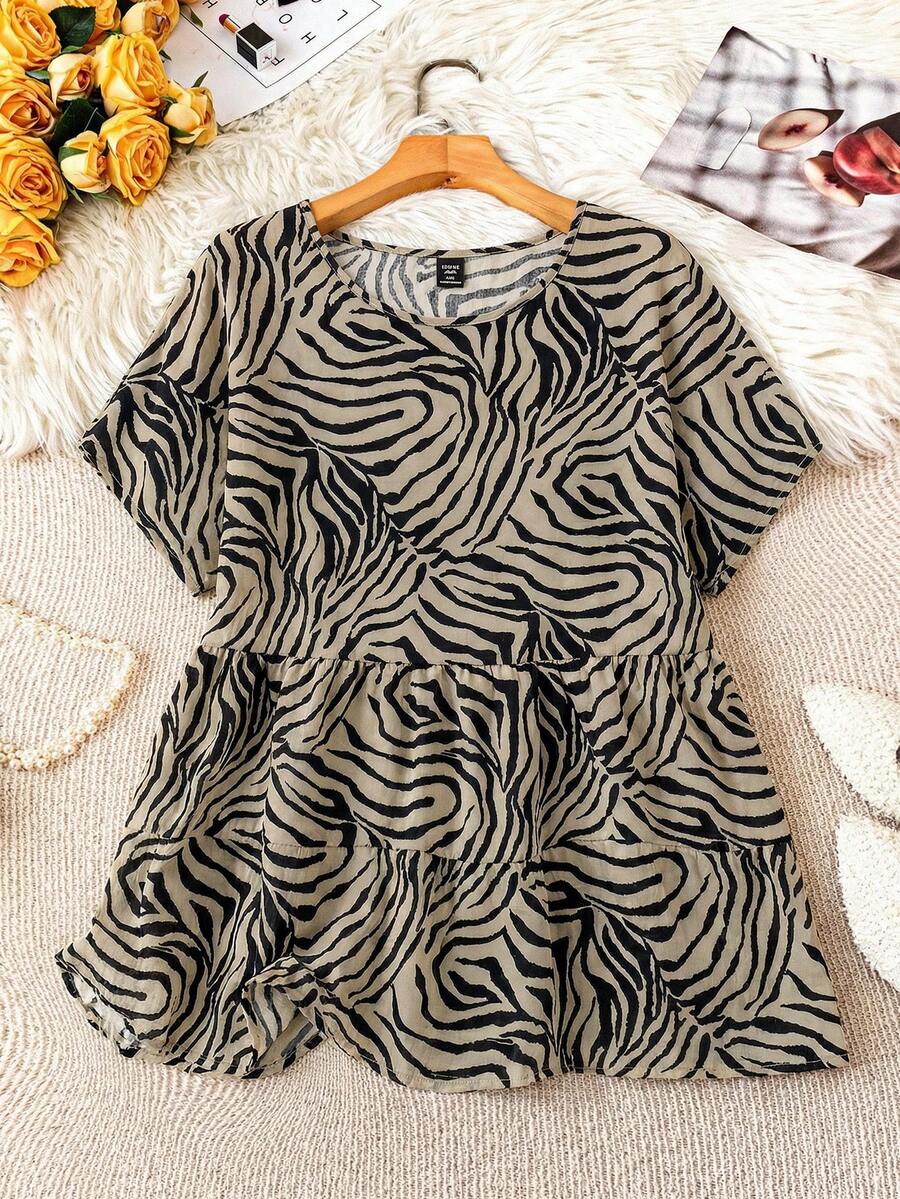 SHEIN LUNE 大码女式斑马纹圆领休闲百搭日常衬衫 - 彩色 - 查看 1