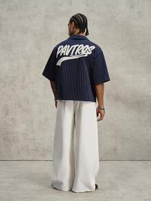 PAVTROS Manfinity Streetrush Men's Short Sleeve Striped Button-Down Shirt,Navy Blue And White,Summer,Casual,Streetwear,City Break Letter Embroidery - Navy Blue - View 7