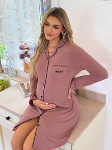 Moonlight&Mama Maternity Comfortable Contrast Trim Front Button Pocket Long Sleeve Dress, Summer Home Wear - Redwood - View 4