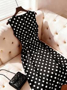 Formidée Plus Size Women's Vintage Elegant Polka Dot Print Sleeveless Belted Dress, Summer - Black and White - View 4