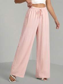 SHEIN Tall Pantalones sueltos con cintura de cordón en tela texturizada arrugada, para mujeres altas - Rosa Pálido - Ver 5