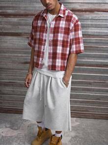 AXEPEAK Men's Plaid & Cross Print Casual Short Sleeve T-Shirt - Red - View 7