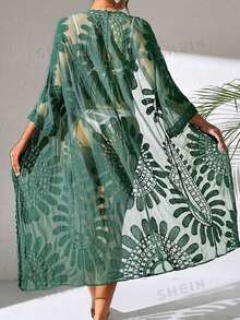 Swim Vcay 女士度假系带七分袖宽松和服罩衫 - 綠色 - 查看 3