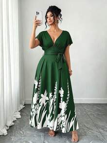 Elenzga Plus Size Women's Dark Green V-Neck Bowknot Waist A-Line Dress,Printed Patchwork Ruffled Hem Summer Elegant Tea Party Dress For Daily,Vacation,Work - Multicolor - View 7