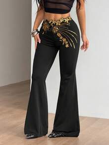 SHEIN ICON Quần ống loe bất đối xứng thêu sequin dành cho nữ, kiểu dáng retro, thích hợp cho kỳ nghỉ. - màu đen - Xem 4