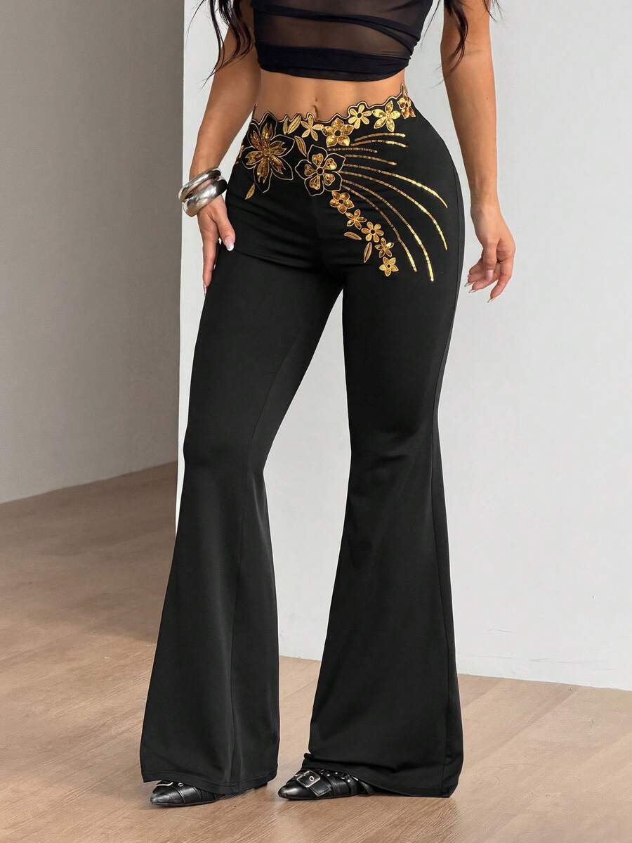 SHEIN ICON Women's Sequins Embroidered Asymmetrical Flare Pants, Retro Style For Vacation - Black - View 1
