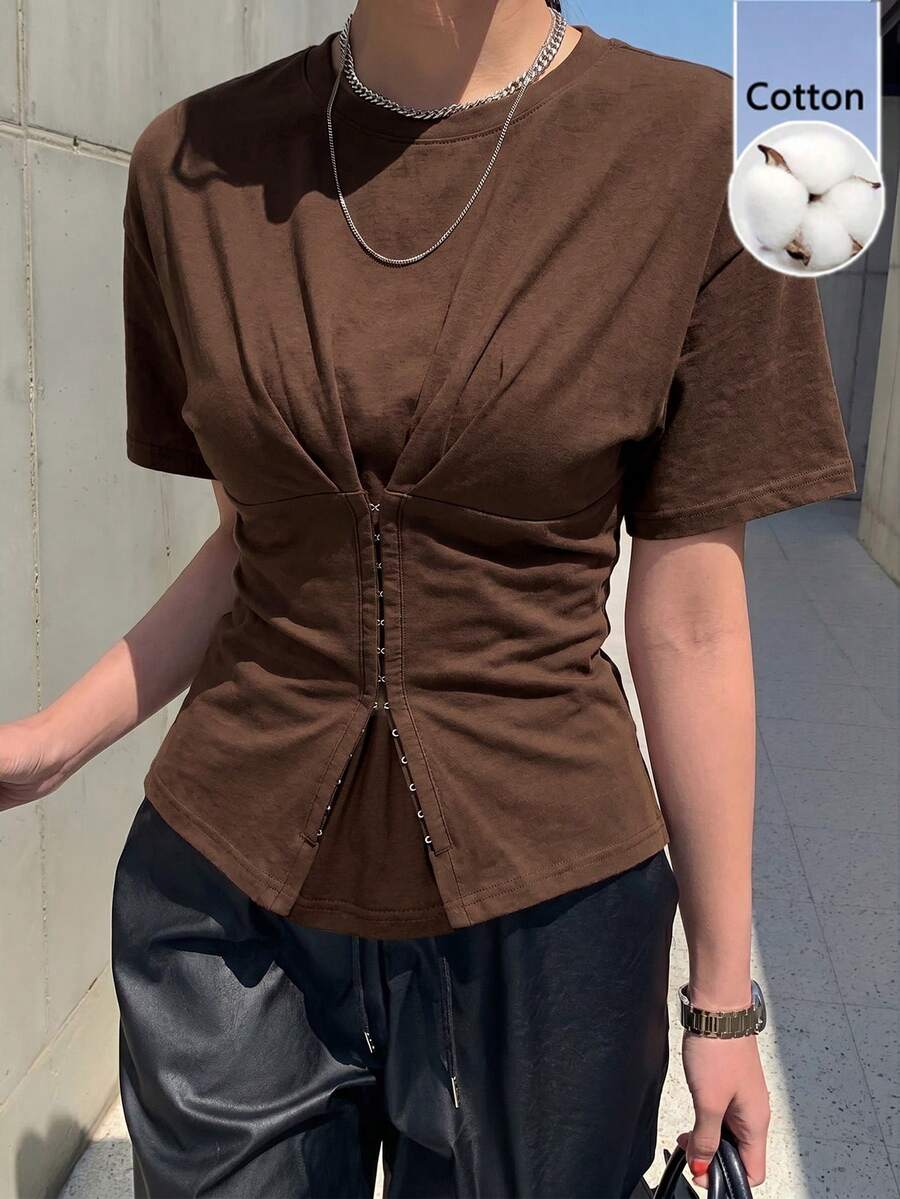 Firerie 女士优雅简约纯棉柔软收腰短袖T恤/棉混纺T恤/收腰T恤/休闲T恤 - 咖啡棕 - 查看 1