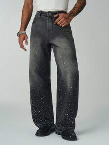 ÉpureWay Quần ống rộng dáng suông phong cách đường phố Mỹ dành cho nam, chất liệu denim bạc màu, đính đá lấp lánh, món quà Giáng sinh hoàn hảo cho bạn trai và chồng. Quần jeans nam màu xám dáng rộng đính đá. - màu đen - Xem 1