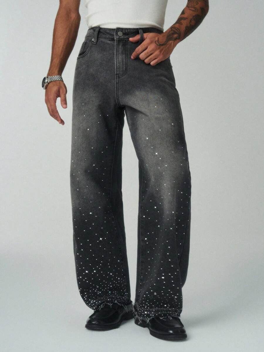 ÉpureWay Quần ống rộng dáng suông phong cách đường phố Mỹ dành cho nam, chất liệu denim bạc màu, đính đá lấp lánh, món quà Giáng sinh hoàn hảo cho bạn trai và chồng. Quần jeans nam màu xám dáng rộng đính đá. - màu đen - Xem 1