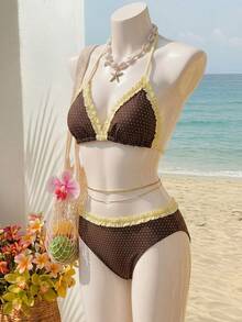 SHEIN Bộ bikini buộc dây cổ, họa tiết chấm bi, viền bèo nhún, thích hợp cho kỳ nghỉ hè trên bãi biển dành cho thiếu nữ. - Nhiều màu - Xem 10