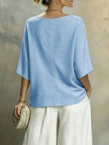 Louniche Blusa feminina casual de cor sólida com decote em V e detalhe de nó torcido, em tecido semelhante ao linho, para primavera/verão. - Baby Azul - Ver 2
