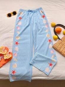 Comfortcana Quần nữ kẻ sọc kiểu dáng thường ngày in hình sao biển, cạp chun có dây rút. - Màu xanh lam - Xem 6