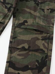 SHEIN 青少年女孩牛仔迷彩工裝寬腿褲，休閒街頭風，橄欖綠多口袋設計，水洗寬鬆版型，100%純棉，校園穿搭 - 軍綠色 - 查看 7