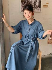 Dazy Plus Đầm denim midi tay phồng màu xanh đậm, kiểu dáng thường ngày, có thắt eo, chất liệu denim, thích hợp cho mùa xuân/hè. - Rửa tối - Xem 3
